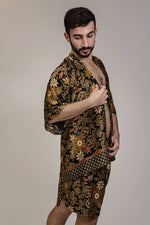 Load image into Gallery viewer, Black Gold Floral Silk Kimono Shorts Set Mens - Lotus
