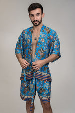 Load image into Gallery viewer, Mens Sky Blue Floral Silk Kimono Robe Boxer Shorts Set, Jacket Shirt Cardigan, boho festival duster rave outfit, luxury style nightwear
