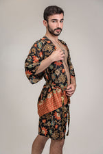 Load image into Gallery viewer,  Mens Black Orange Floral Silk Kimono Robe Boxer Shorts Set, Jacket Shirt Cardigan, boho festival duster rave outfit, luxury style nightwear

