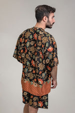 Load image into Gallery viewer, Mens Black Orange Floral Silk Kimono Robe Boxer Shorts Set, Jacket Shirt Cardigan, boho festival duster rave outfit, luxury style nightwear
