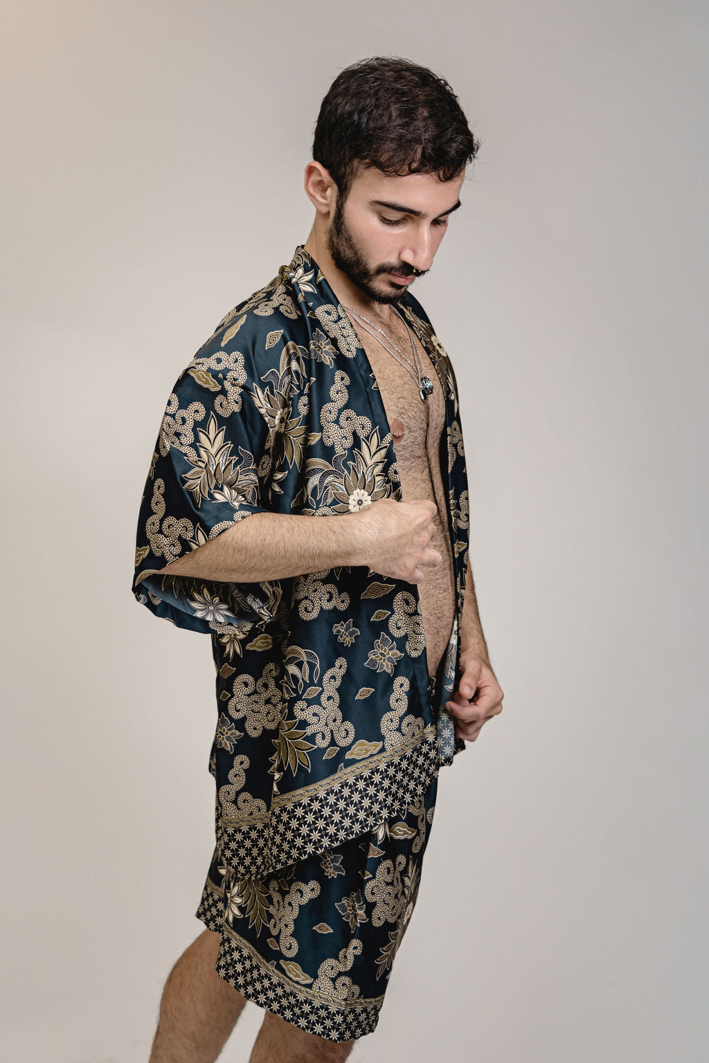 Black Gold Floral Silk Kimono Shorts Set Mens