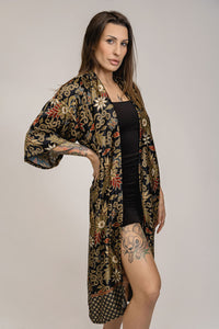 Black Silk Kimono Floral Clothing Robe Long, sexy gifts for her, luxury lingerie cover up, best Christmas gift for her, patterned cardigan
