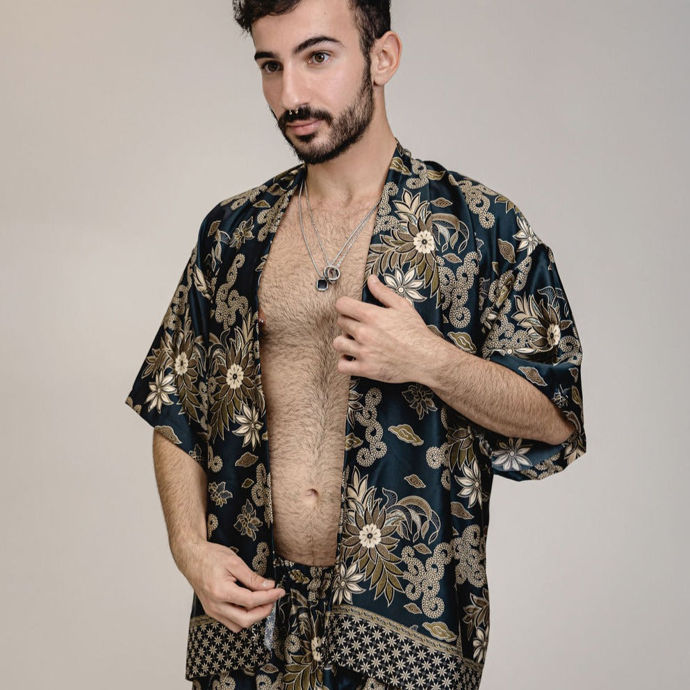 Black Gold Floral Silk Kimono Shorts Set Mens