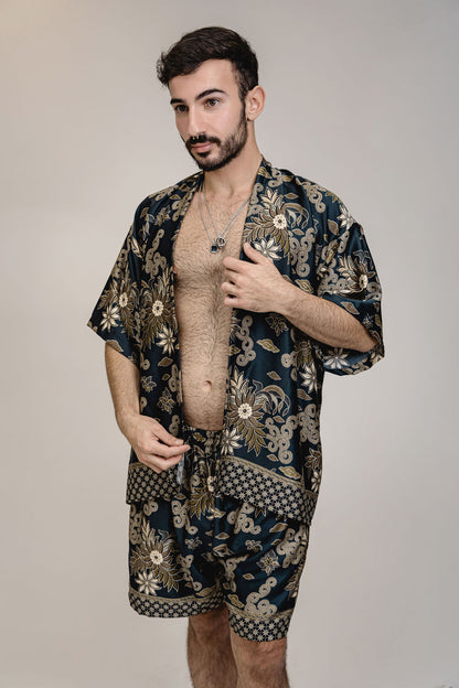 Schwarzgoldenes Kimono-Shorts-Set aus Seide mit Blumenmuster für Herren