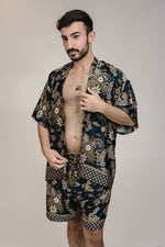 Load image into Gallery viewer, Black Gold Floral Silk Kimono Shorts Set Mens
