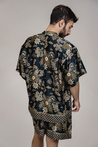 Black Gold Floral Silk Kimono Shorts Set Mens