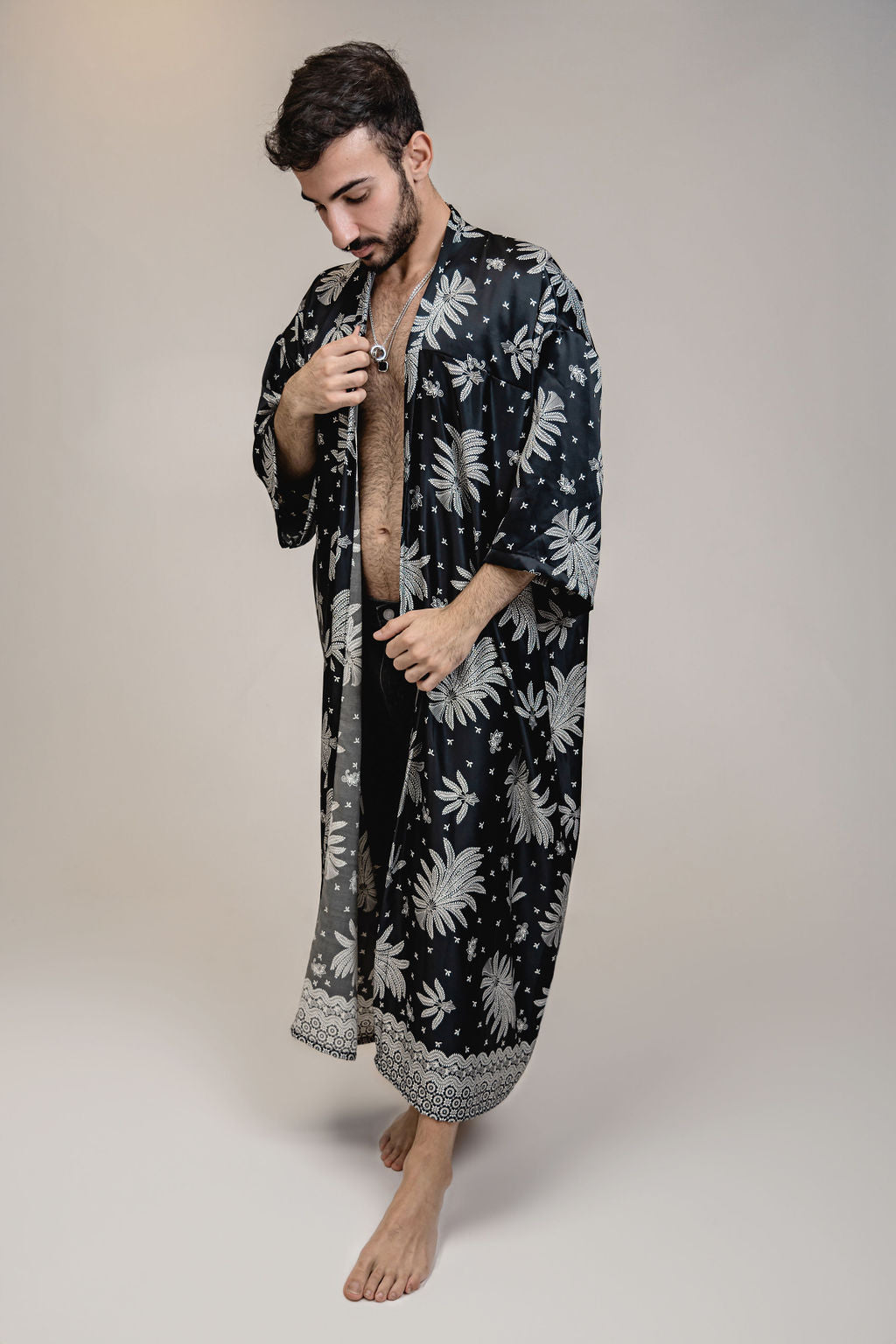 Mens Black White Floral Silk Long Kimono Robe