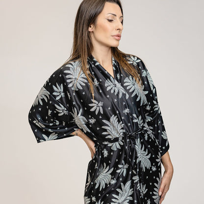 Black White Floral Silk Kimono