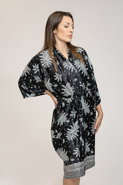 Black White Floral Silk Kimono