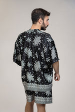 Load image into Gallery viewer, Black White Floral Silk Kimono Shorts Set Mens

