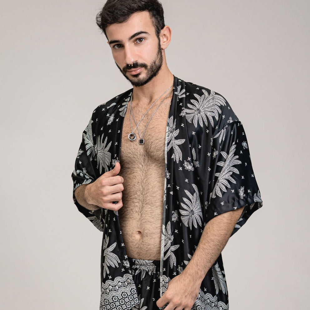 Black White Floral Silk Kimono Shorts Set Mens