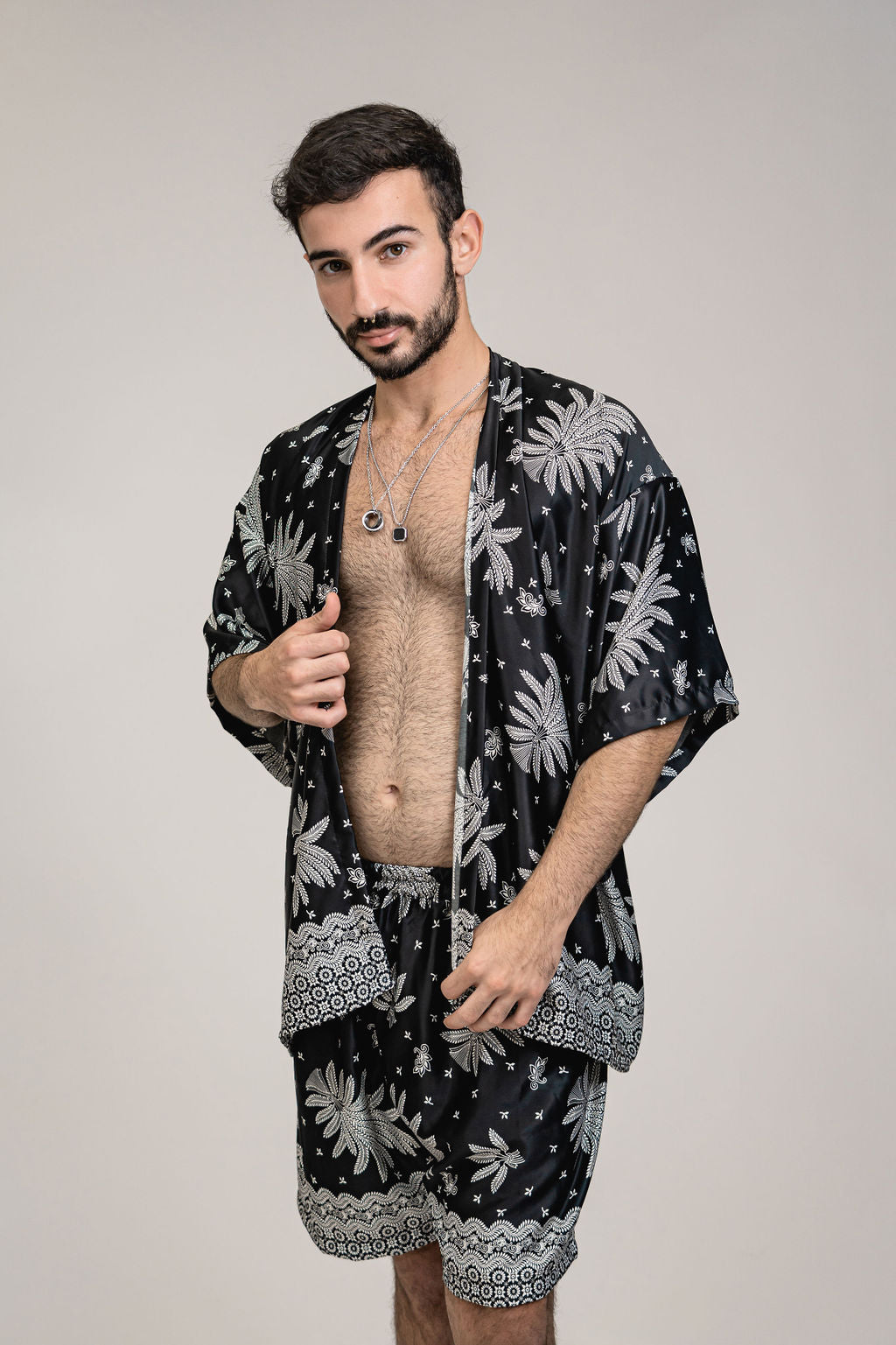 Black White Floral Silk Kimono Shorts Set Mens