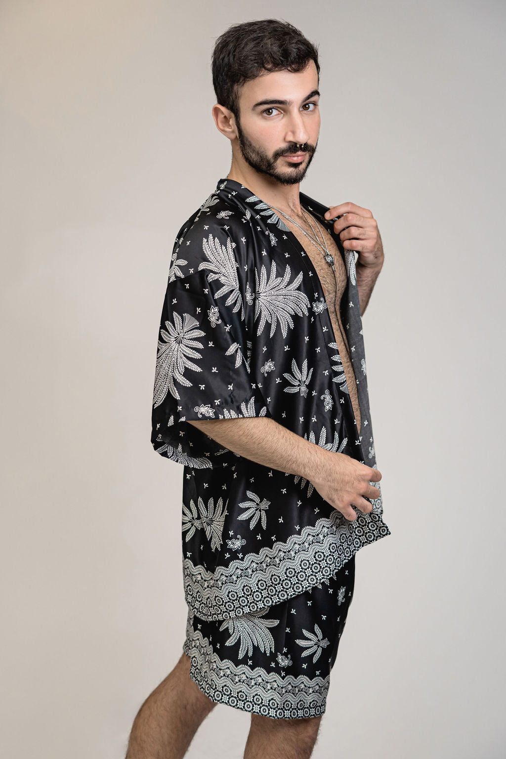 Black White Floral Silk Kimono Shorts Set Mens