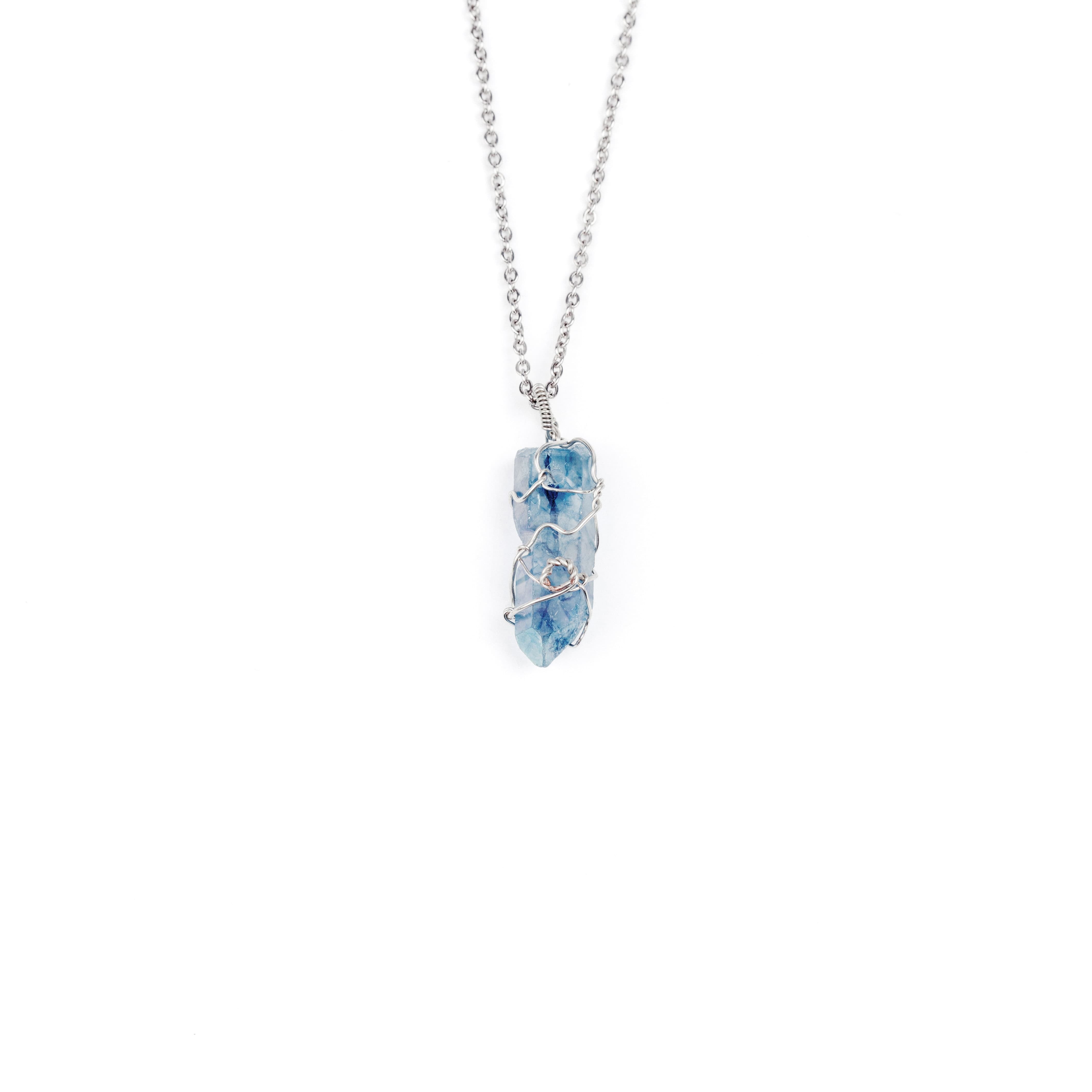 Blue Aura Quartz Wire Wrapped Necklace - Silver