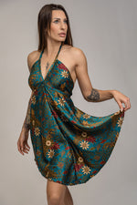 Load image into Gallery viewer, handmade silk bohemian dress Blue Floral Silk Mini Dress - Nerium
