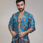 Load image into Gallery viewer, Mens Sky Blue Floral Silk Kimono Robe Boxer Shorts Set, Jacket Shirt Cardigan, boho festival duster rave outfit, luxury style nightwear
