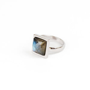 faceted square gemstone labradorite ring silver stainless steel waterproof