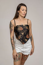 Load image into Gallery viewer, Black Gold Floral Silk Bandana Crop Top Womens
