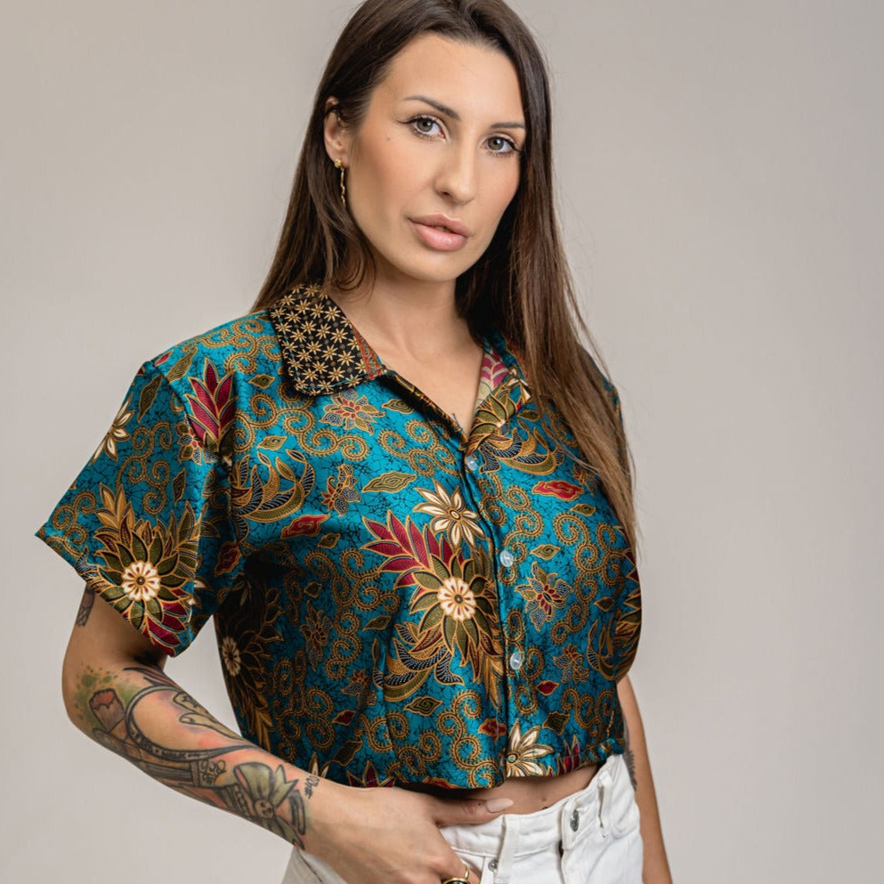 Blue Pink Floral Silk Shirt Crop Top Womens