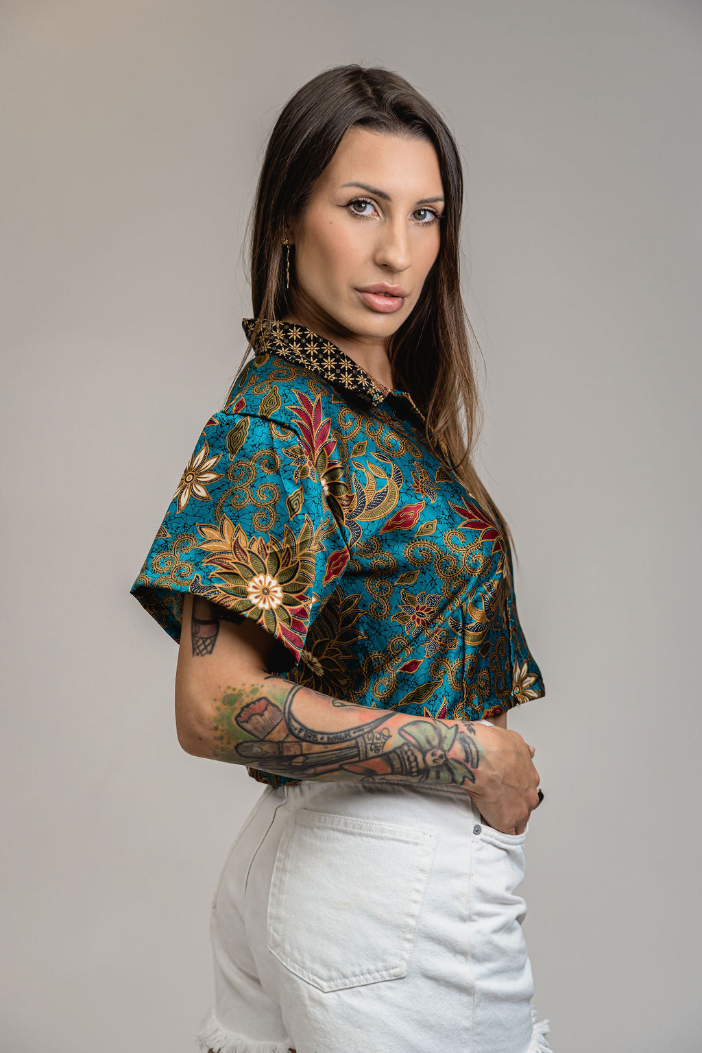 Blue Pink Floral Silk Shirt Crop Top Womens