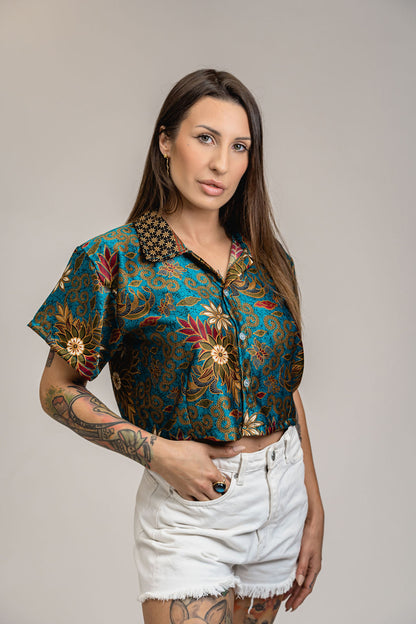 Blue Pink Floral Silk Shirt Crop Top Womens