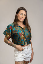 Load image into Gallery viewer, Blue Pink Floral Silk Shirt Crop Top Womens
