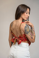 Load image into Gallery viewer, Red Gold Floral Silk Bandana Crop Top Womens
