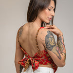 Load image into Gallery viewer, Red Gold Floral Silk Bandana Crop Top Womens
