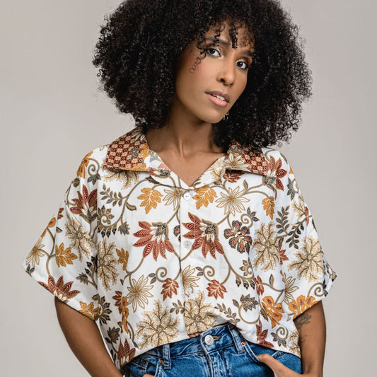 White Gold Floral Silk Shirt Crop Top Womens