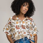 Load image into Gallery viewer, White Gold Floral Silk Shirt Crop Top Womens
