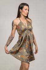 Load image into Gallery viewer, handmade silver floral silk mini dress bohemain style
