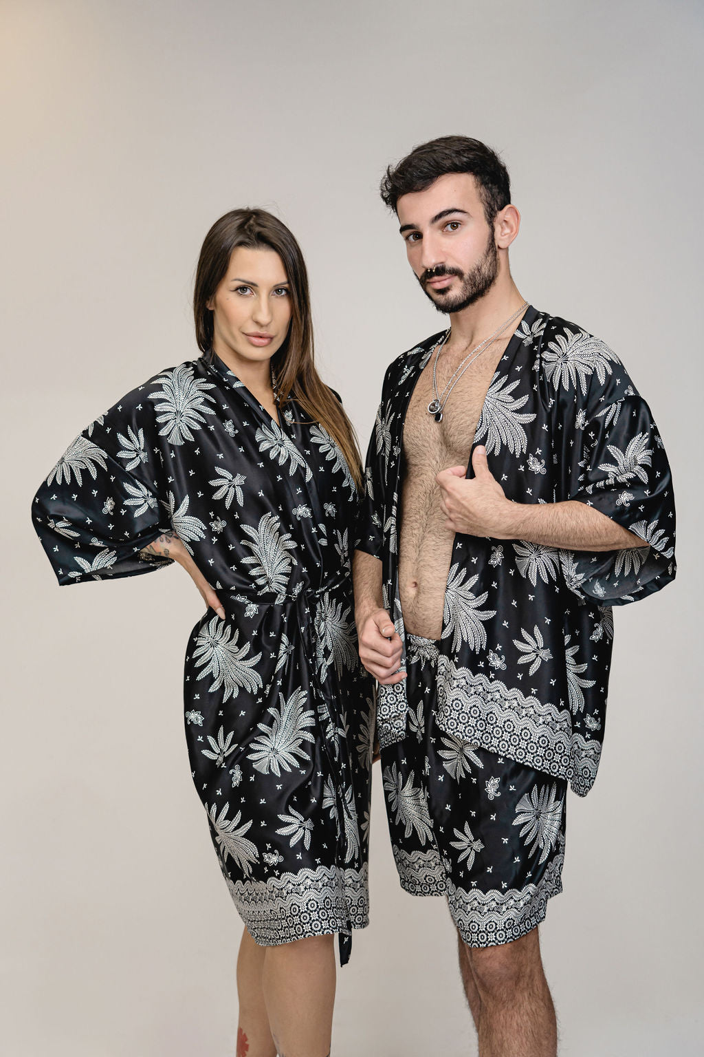 Matching Mens Womens Set Black White Floral Silk Kimono Robe