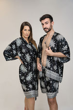 Load image into Gallery viewer, Matching Mens Womens Set Black White Floral Silk Kimono Robe
