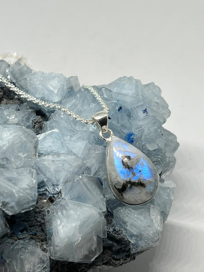 Rainbow Moonstone with Black Tourmaline Pendant Necklace - 925 Silver