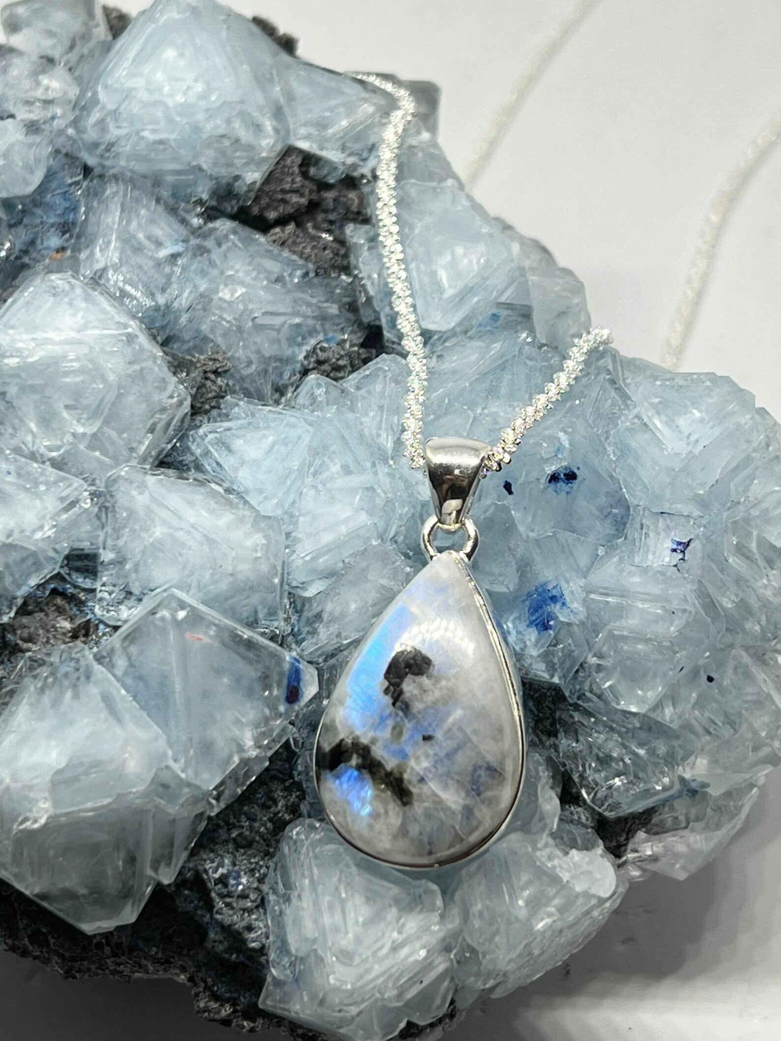 Rainbow Moonstone with Black Tourmaline Pendant Necklace - 925 Silver