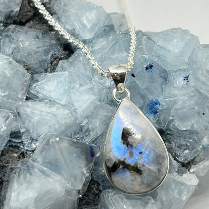 Rainbow Moonstone with Black Tourmaline Pendant Necklace - 925 Silver