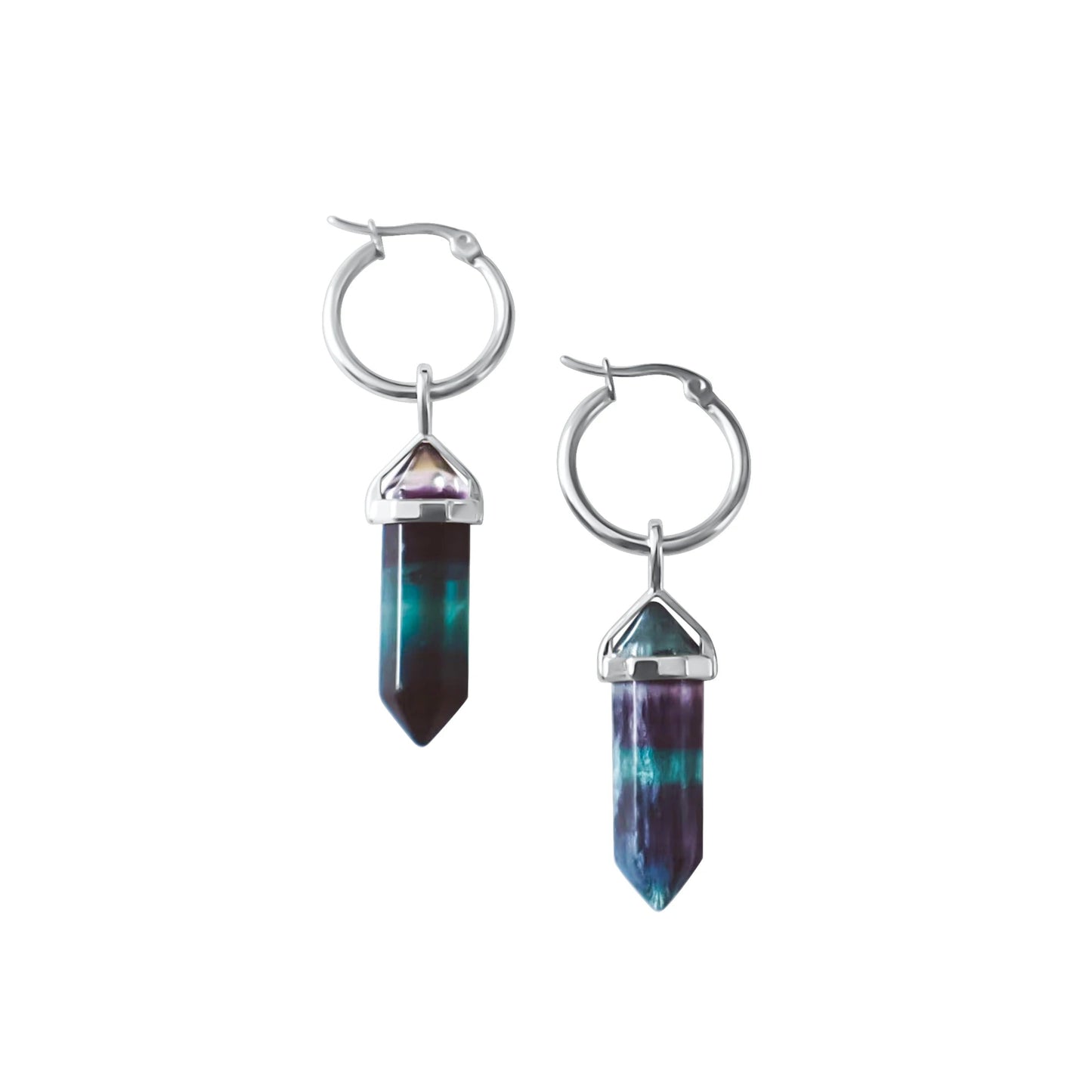 CERCLE Rainbow Fluorite Point Huggies Earrings Silver