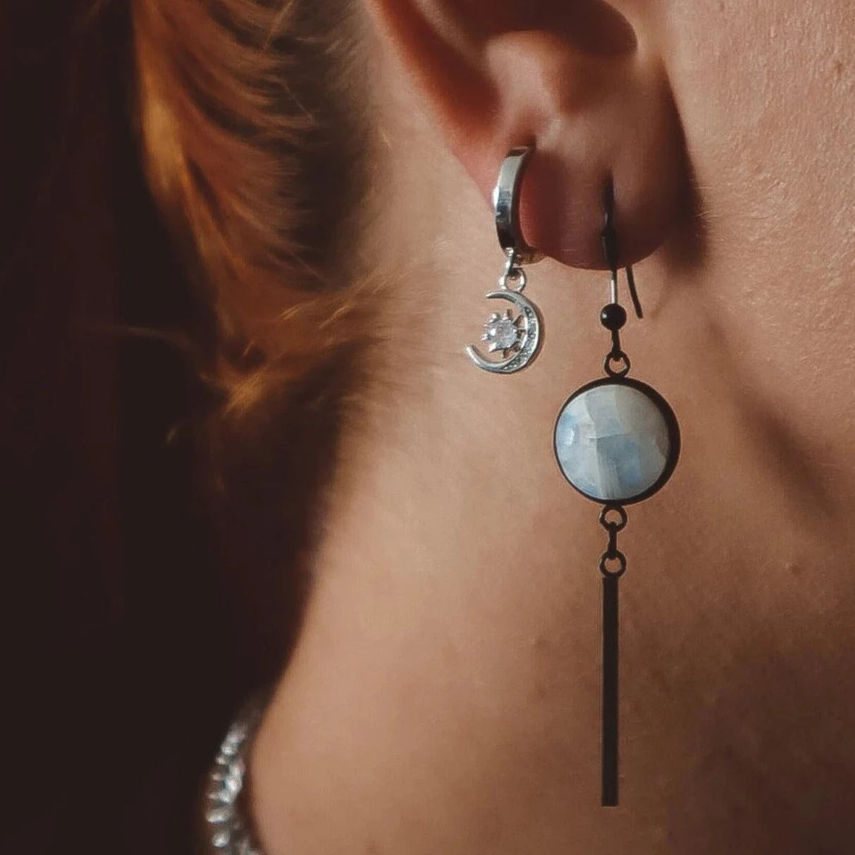 STELLA Sun and Moon Charm Earrings Silver