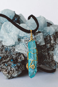 Aqua Aura Quartz Wire Wrapped Pendant Necklace - Gold