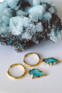 Aqua Aura Quartz Arrowhead Earrings - Gold