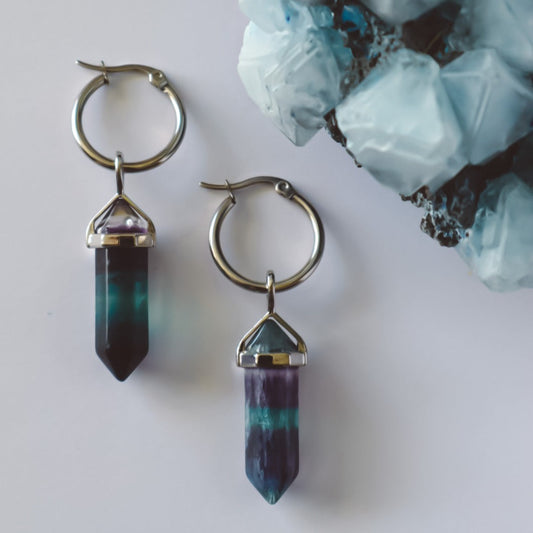 Rainbow Fluorite Hoop Earrings - Silver