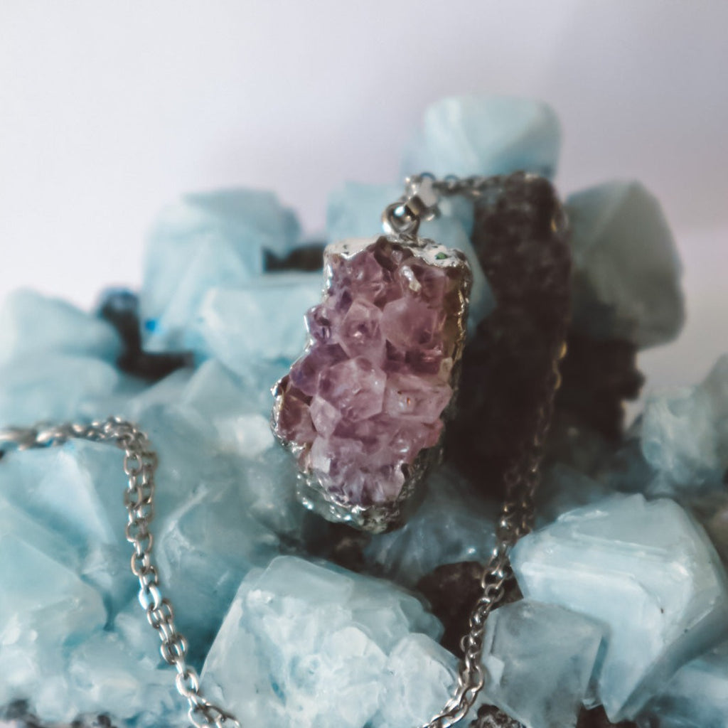 raw amethyst necklace, raw amethyst pendant silver, silver chain necklace, waterproof jewelry, raw amethyst cluster, gemstone jewelry, birthstone jewelry, crystal gifts