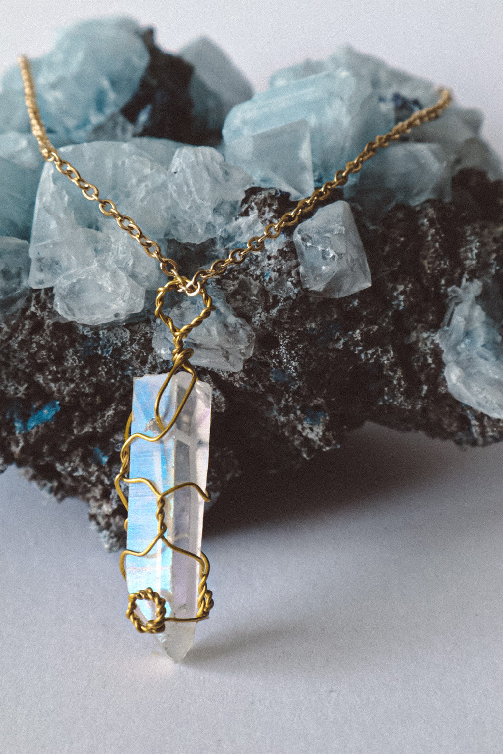 Wire Wrapped Aura Quartz Necklace - Gold