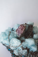 Load image into Gallery viewer, raw amethyst necklace, raw amethyst pendant silver, silver chain necklace, waterproof jewelry, raw amethyst cluster, gemstone jewelry, birthstone jewelry, crystal gifts
