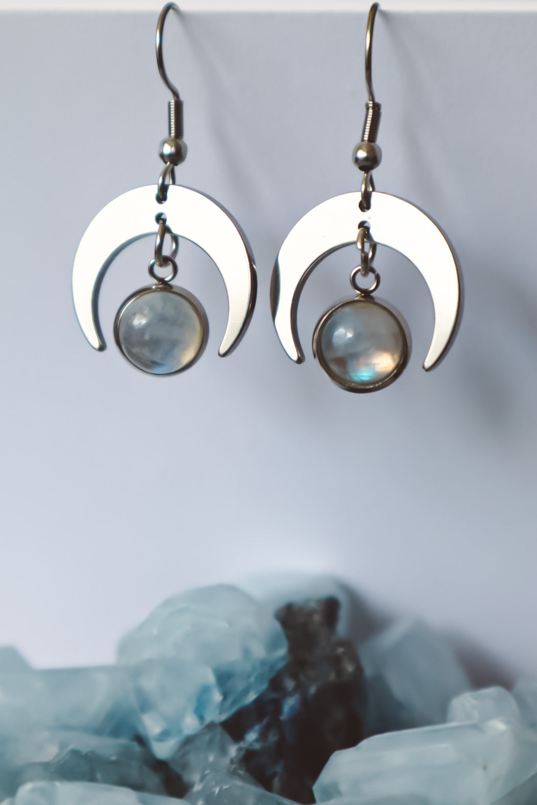Moonstone Moon Earrings - Silver