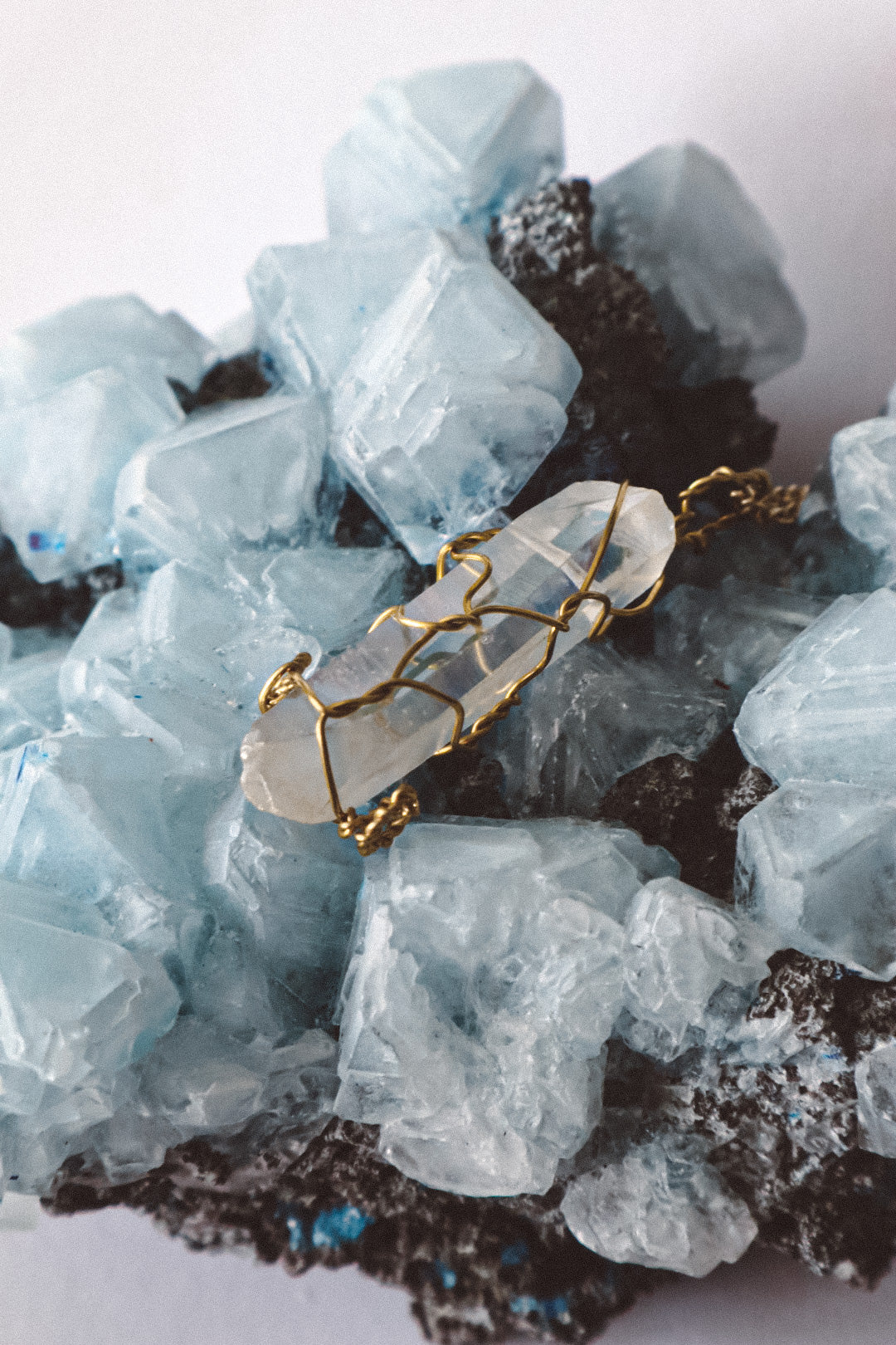 Wire Wrapped Aura Quartz Necklace - Gold