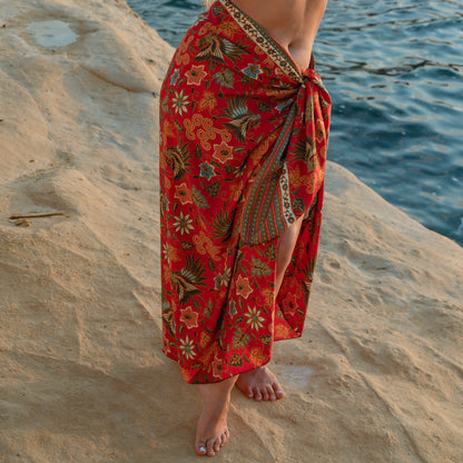 red floral bali silk sarong shawl