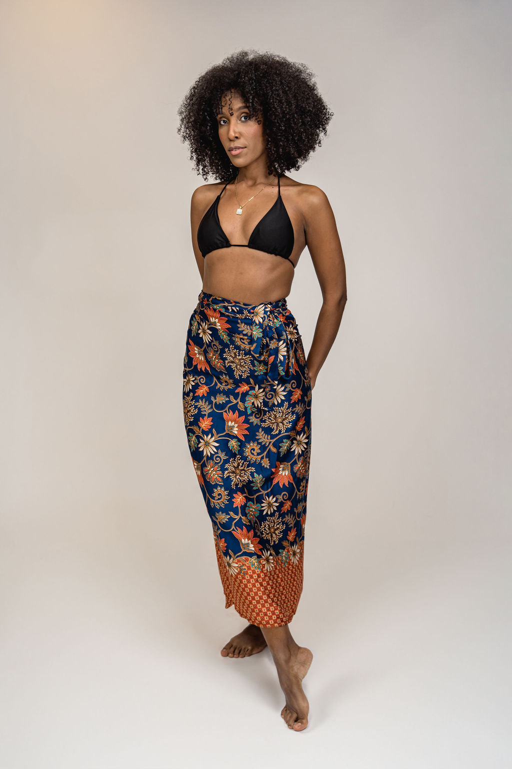 Navy Blue Orange Floral Silk Tie Wrap Long Skirt Womens