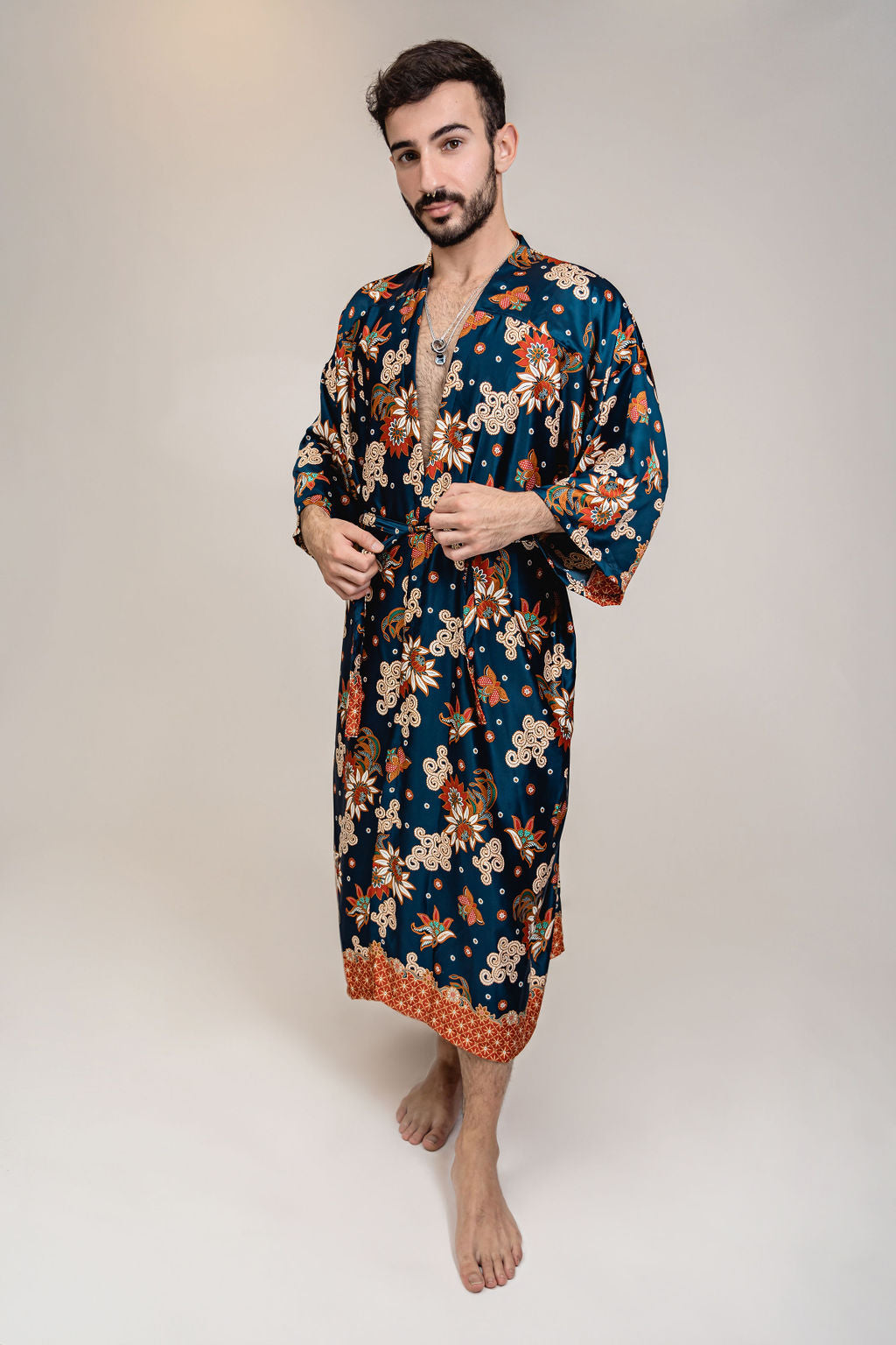 Mens Navy Blue Orange Floral Silk Long Kimono Robe