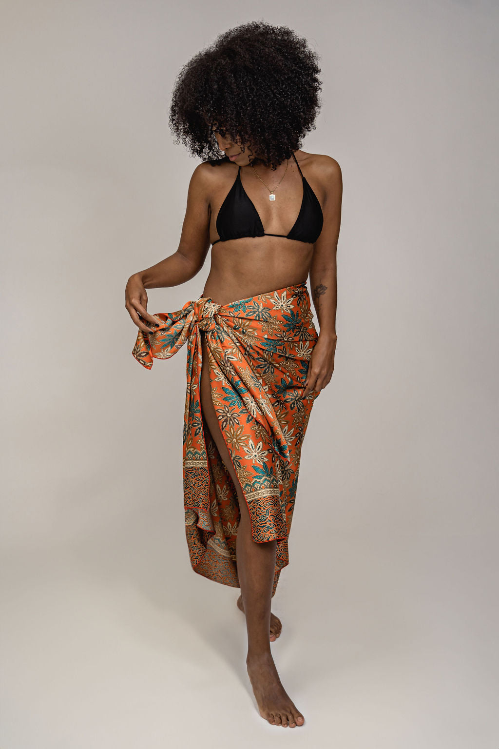 Orange Floral Silk Sarong Shawl Womens